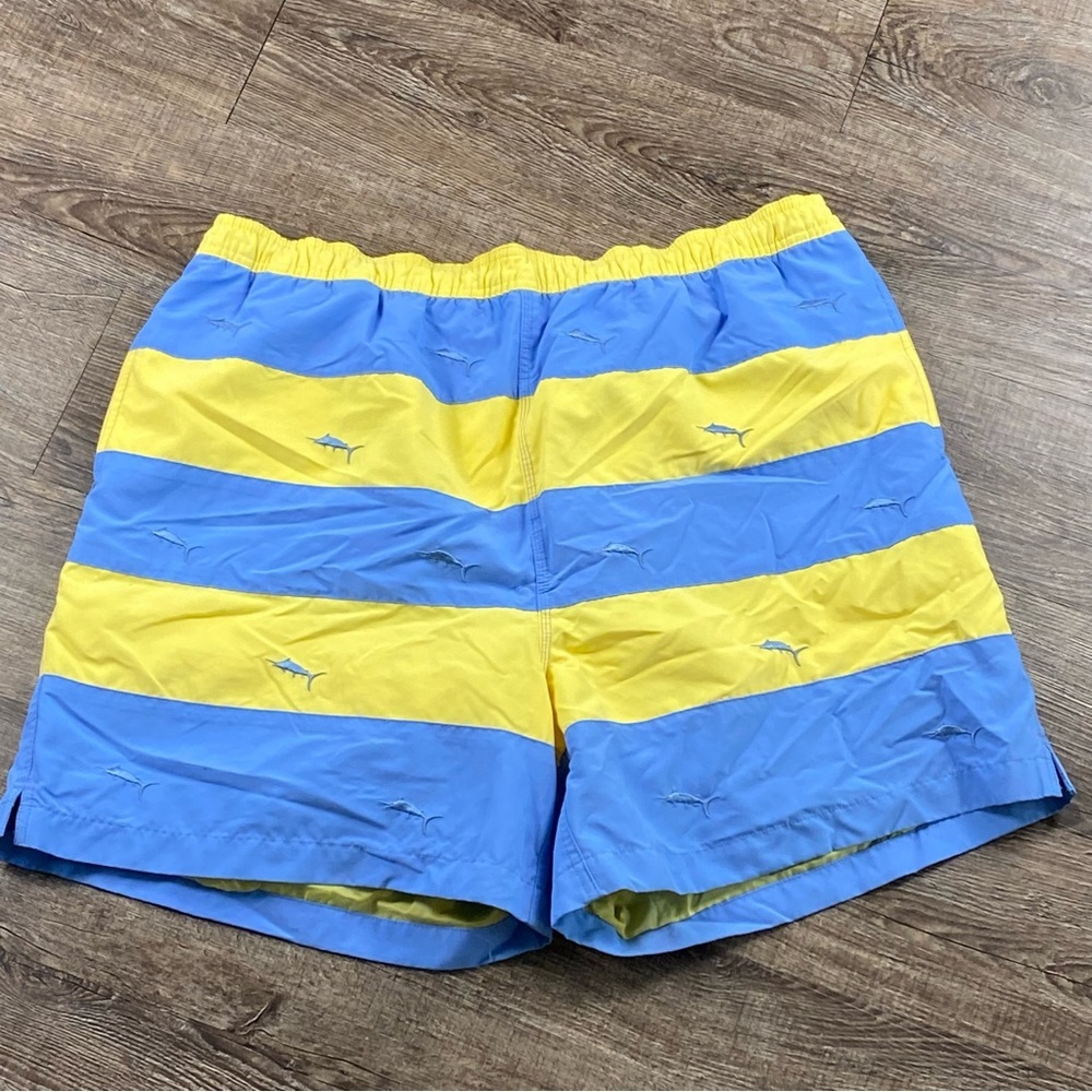 Daniel Cremieux Swim Trunks Men XL Yellow Blue Sharks Drawstring Mesh Brief 16”